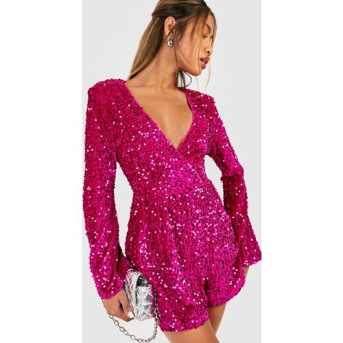 Combishort Pailleté En Velours À Manches Évasées - 36 - boohoo - Modalova