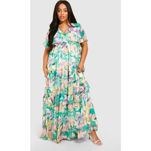 Grande Taille - Robe Longue Fleurie À Manches Volantées - 44 - boohoo - Modalova