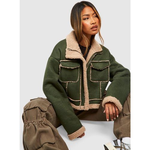 Veste Aviateur Courte À Bordure En Synthétique - 42 - boohoo - Modalova