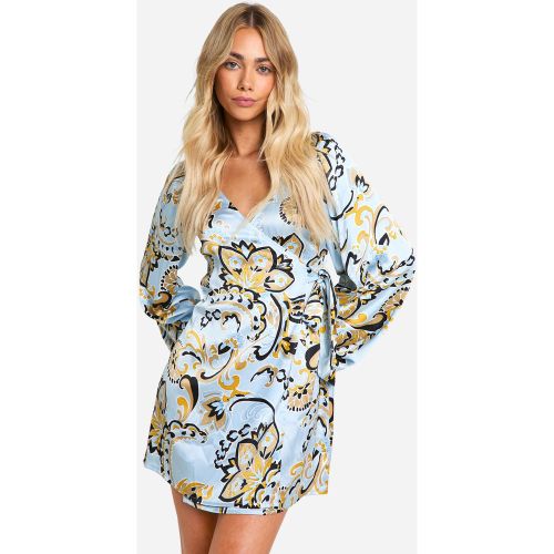 Robe Portefeuille Satinée À Manches Bouffantes Et Imprimé Cachemire - 36 - boohoo - Modalova