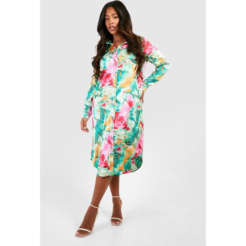 Plus" Floral Print Satin Midi Shirt Dress - boohoo - Modalova