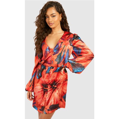 Robe Courte À Manches Longues Et Imprimé Tropical - 38 - boohoo - Modalova