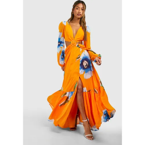 Robe Longue Fleurie À Découpes - 38 - boohoo - Modalova