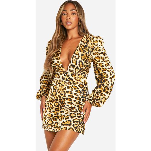 Robe Droite À Manches Bouffantes Et Imprimé Léopard - 38 - boohoo - Modalova