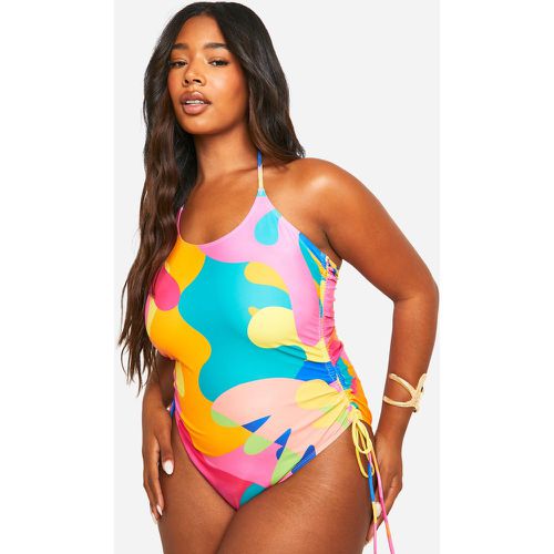 Plus" Ruched Side Abstract Print Swimsuit - boohoo - Modalova
