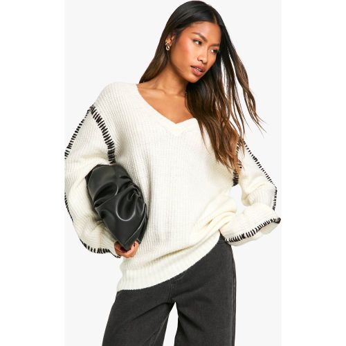 Pull Long Premium À Col V Et Bordures Contrastantes - Blanc Écru - S, Blanc Écru - boohoo - Modalova