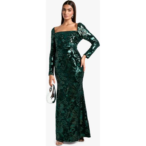 Robe Longue Pailletée À Col Carré - Vert Émeraude - 38, Vert Émeraude - boohoo - Modalova