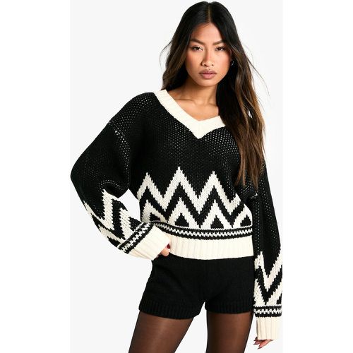 Pull En Maille À Col V Et Motif Jacquard - M - boohoo - Modalova