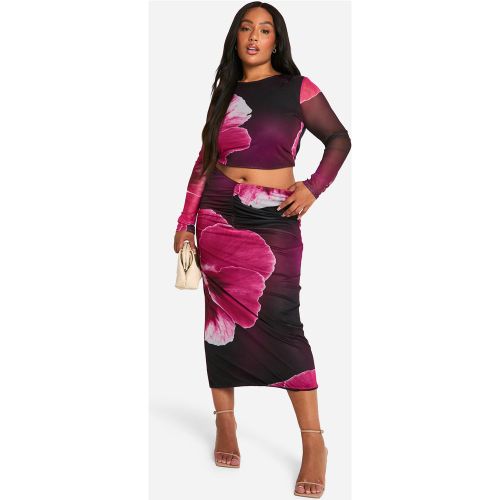 Grande Taille - Jupe Mi-Longue Froncée Fleurie - 50 - boohoo - Modalova