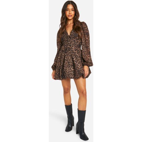 Robe Champêtre Léopard En Mousseline De Soie À Manches Bouffantes - 46 - boohoo - Modalova