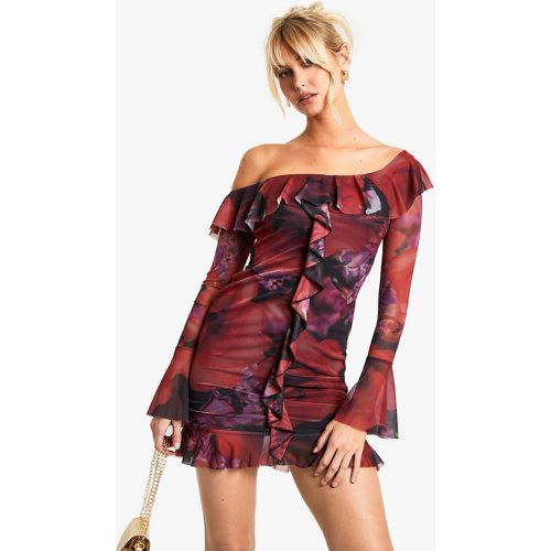 Robe Courte Fleurie À Volants En Mesh - 42 - boohoo - Modalova