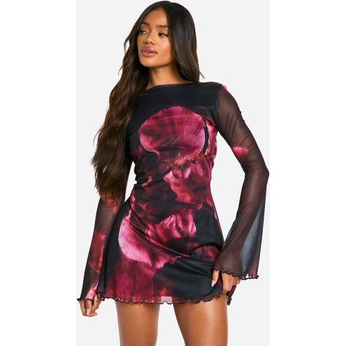Robe Courte Fleurie En Mesh À Manches Évasées - 36 - boohoo - Modalova