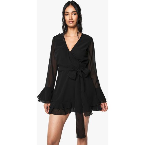 Robe Portefeuille En Mousseline De Soie À Manches Évasées - 36 - boohoo - Modalova