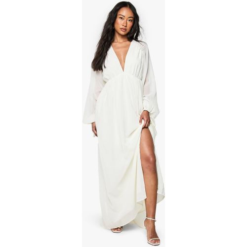 Robe Longue Froncée À Col V En Mousseline De Soie - Blanc Écru - 36, Blanc Écru - boohoo - Modalova