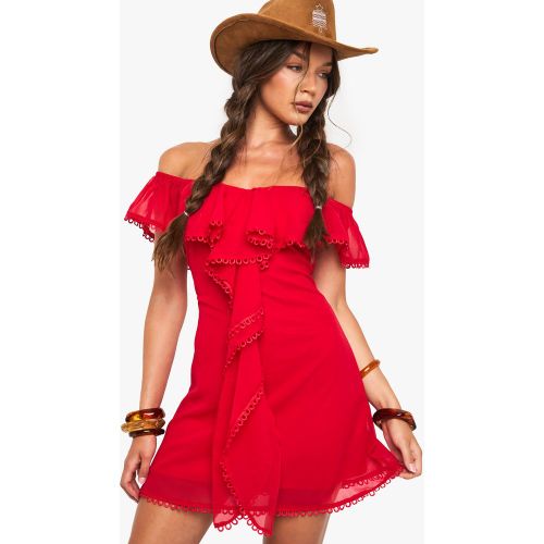 Robe Courte Volantée En Mousseline De Soie À Col Bateau - 36 - boohoo - Modalova
