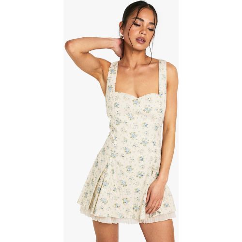 Robe Courte Fleurie À Col Carré - Blanc Écru - 36, Blanc Écru - boohoo - Modalova