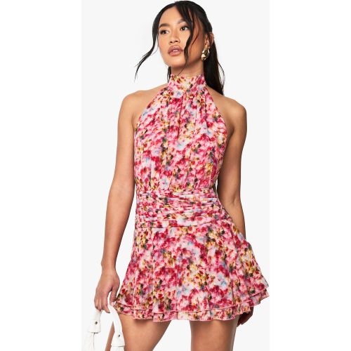Robe Courte Plissée Fleurie En Mousseline De Soie - 36 - boohoo - Modalova