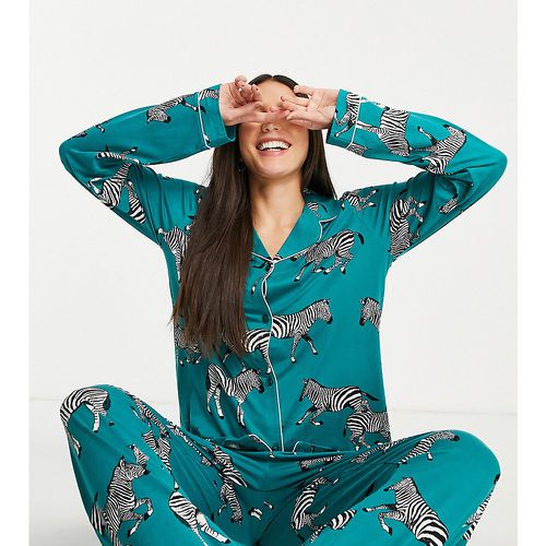 Tall - Pyjama avec top à revers et pantalon en jersey écologique à imprimé zèbres - Turquoise - Chelsea Peers - Modalova