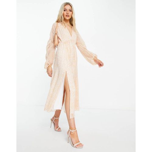 Robe mi-longue avec décolleté plongeant et manches froncées à nouer - Léopard clair - Forever New - Modalova