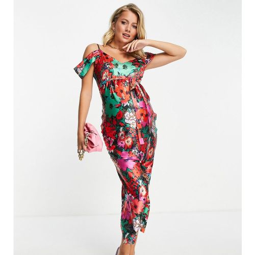 Hope & Ivy - Robe nuisette de maternité longueur mollet en satin à épaules nues et imprimé floral de couleurs vives - Hope & Ivy Maternity - Modalova