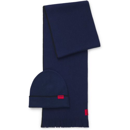 Ensemble bonnet et écharpe en laine à étiquette logotée - HUGO - Modalova