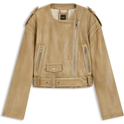 Blouson de motard court en cuir grainé - Boss - Modalova