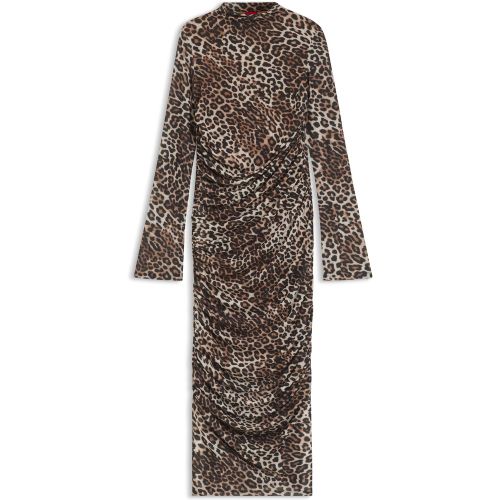 Robe mi-longue à imprimé léopard et détails froncés - HUGO - Modalova