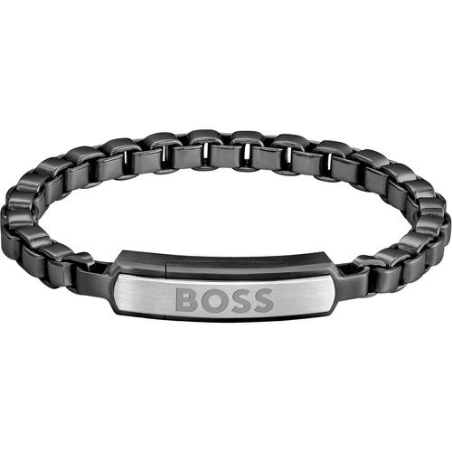 Bracelet en acier noir avec chaîne à maillons cubes et fermoir logoté - Boss - Modalova