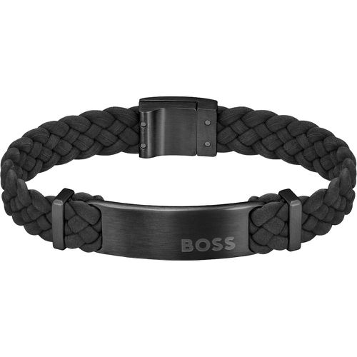 Bracelet tressé en cuir suédé avec plaquette logo - Boss - Modalova
