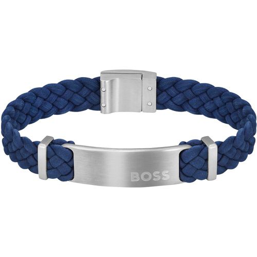 Bracelet tressé en cuir suédé bleu avec plaquette logo - Boss - Modalova