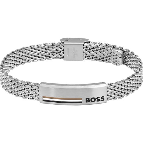 Bracelet en maille milanaise d’acier inoxydable avec plaquette emblématique - Boss - Modalova