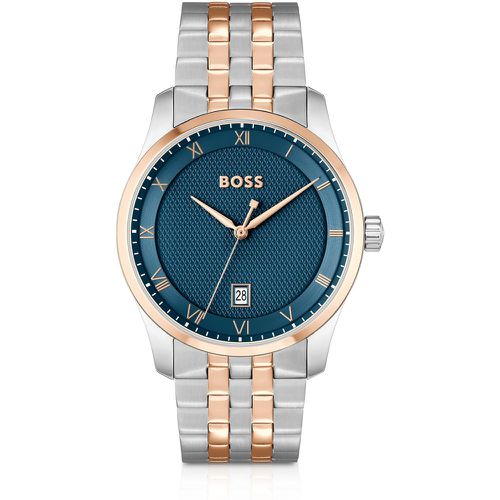 Montre avec cadran bleu à motif et bracelet bicolore à maillons - Boss - Modalova