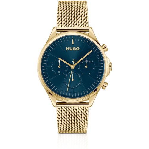 Montre dorée à cadran bleu - HUGO - Modalova