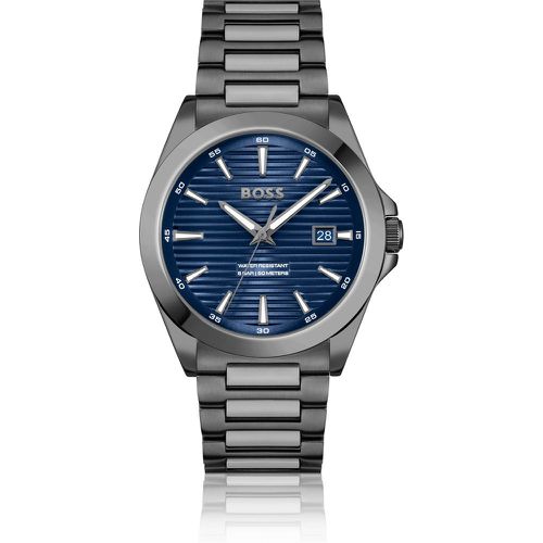 Montre en acier plaqué gris à cadran bleu rainuré - Boss - Modalova