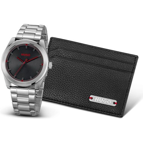 Coffret cadeau avec porte-cartes en cuir et montre à cadran noir - HUGO - Modalova