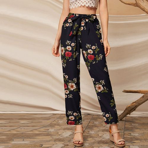 Pantalon droit ceinturé avec imprimé floral - SHEIN - Modalova