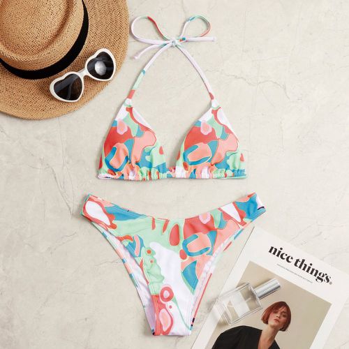 Bikini avec blocs de couleurs aléatoire et plis - SHEIN - Modalova