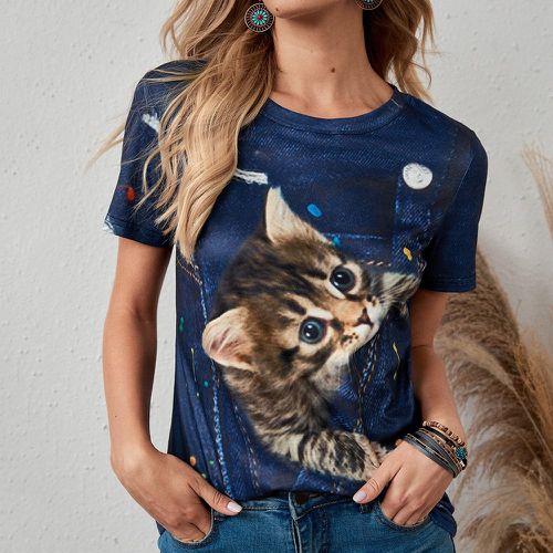 T-shirt à imprimé chat à manches courtes - SHEIN - Modalova