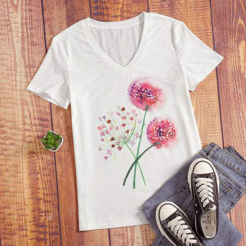 T-shirt à imprimé floral avec col en V - SHEIN - Modalova