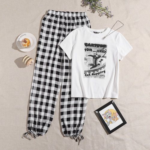 Ensemble de pyjama pantalon à carreaux à nœud et t-shirt à motif lettres - SHEIN - Modalova