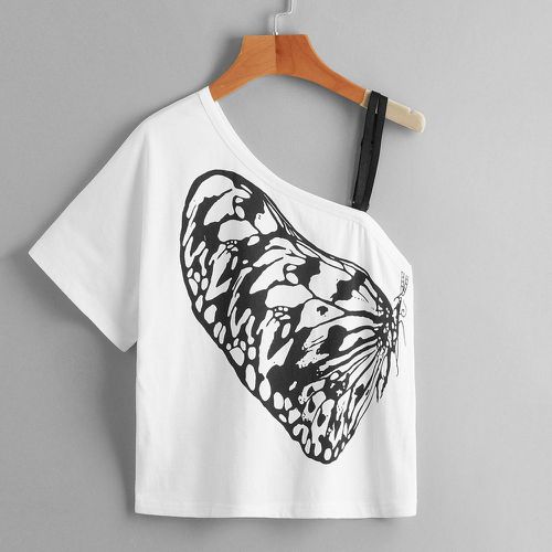 T-shirt à imprimé papillon à col asymétrique - SHEIN - Modalova