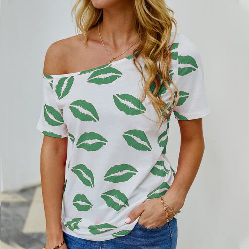 T-shirt à imprimé lèvre à col asymétrique - SHEIN - Modalova