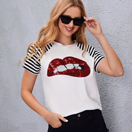 T-shirt à paillettes lèvres à rayures à manches raglan - SHEIN - Modalova