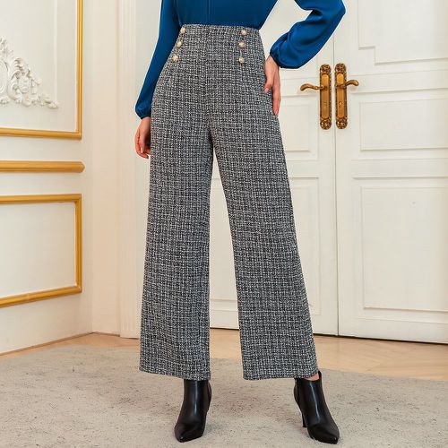 Pantalon ample taille haute à carreaux faux bouton en tweed - SHEIN - Modalova
