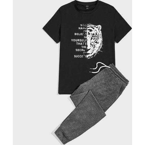 Ensemble pantalon de survêtement à cordon et t-shirt à imprimé slogan et tigre - SHEIN - Modalova