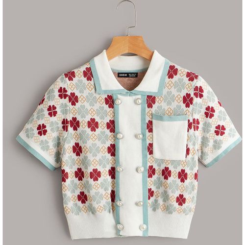 Top en tricot trèfle à quatre feuilles & à motif géométrique à poche à bouton - SHEIN - Modalova