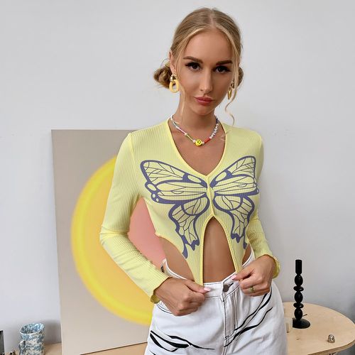 T-shirt court à imprimé papillon à ourlet ondulé asymétrique - SHEIN - Modalova