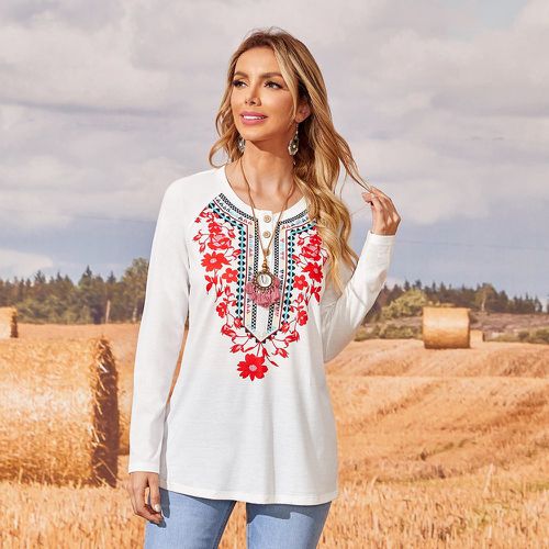 T-shirt à imprimé géométrique et floral à manches raglan - SHEIN - Modalova