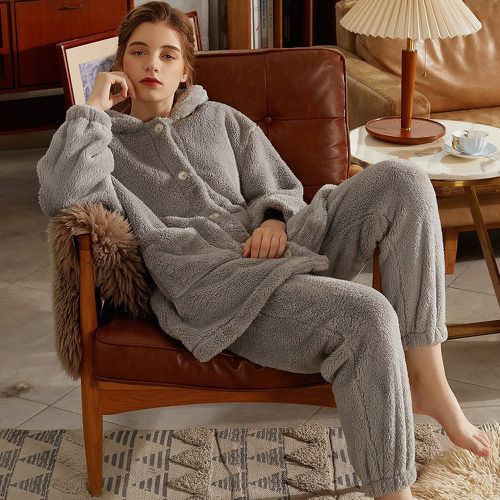 Ensemble de pyjama avec poches à pompons à patch à capuche en flanelle - SHEIN - Modalova