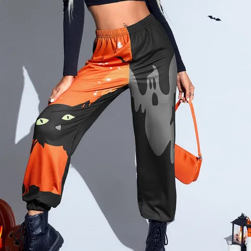 Pantalon de survêtement halloween chat et à imprimé fantôme à blocs de couleurs - SHEIN - Modalova